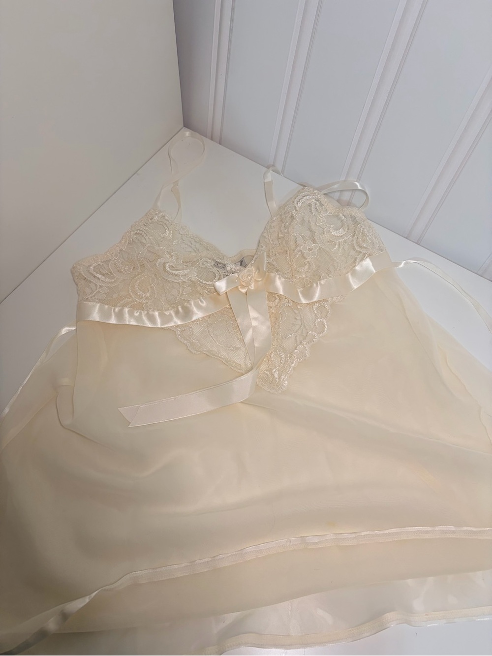 Vintage 80’s Sheer Ivory Lace Satin-Trim Chemise